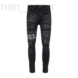 Designer de jeans pour hommes Distressed Ripped Skinny Fashion Hommes Moto Moto Long Off Coton Pieds Slim High Street Denim Bleu Clair Pâte Tissu Trou Pantalon