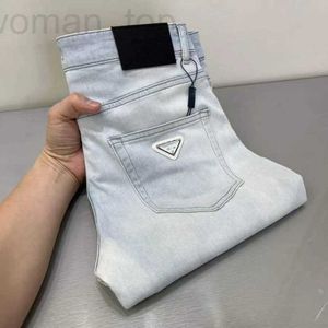 Jeans pour hommes Designer élastique lourd bleu clair triangle lettre pantalon de luxe marque jeans décontracté 33VB