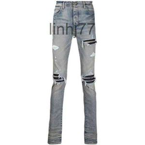 Jeans pour hommes Designer européen et américain Amirs Marque de mode High Street MX1 Light Blue Distressed Patchwork Mens Slim Fit à la mode 2pqxh98FR