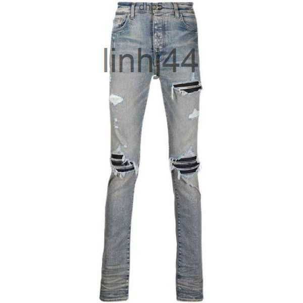 Jeans pour hommes Designer européen et américain Amirs Fashion Brand Street MX1 Light Blue Distressed Patchwork Mens Slim Fit à la mode 2pqxhDNV8