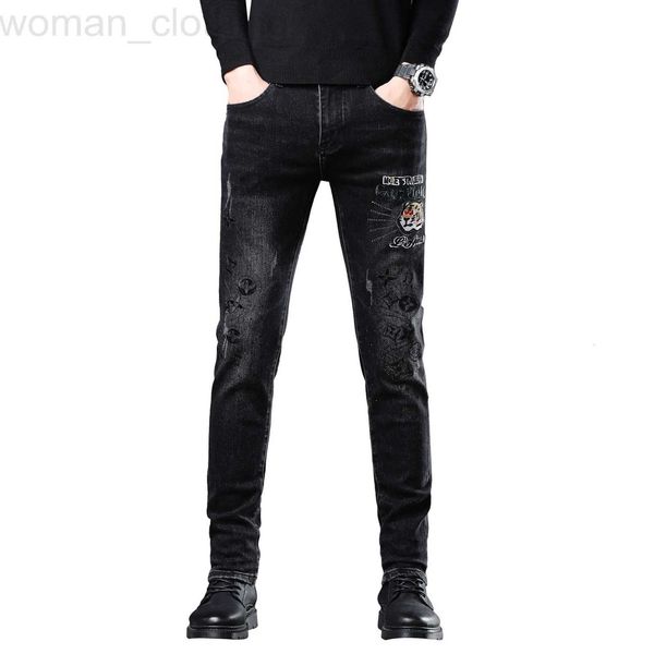 Jeans de hombre Diseñador Marca de moda europea bordado diamante caliente jeans negros otoño e invierno de los hombres nuevos pantalones casuales elásticos rectos delgados AIQY