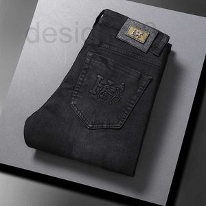 Jeans pour hommes Designer européen haut de gamme jeans hommes automne et hiver nouveau slim fit petit droit stretch gaufré pantalon long noir XMAW