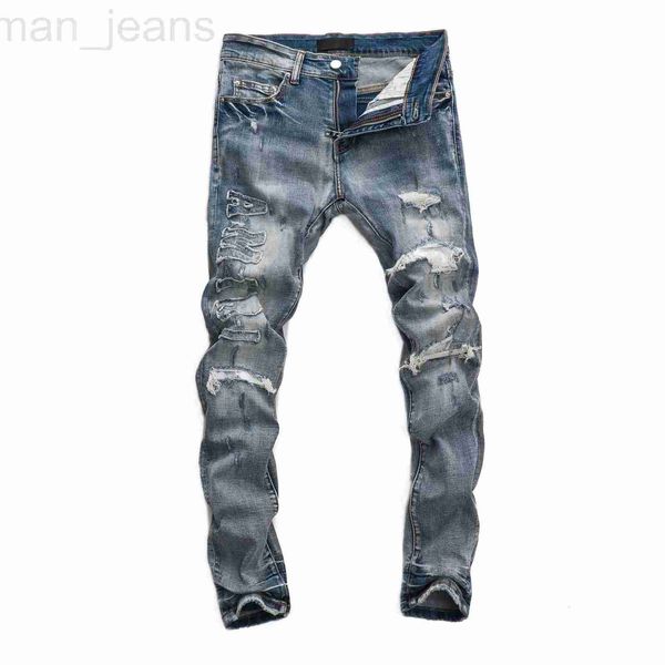 Designer de jeans pour hommes Européen Jean AM Lettre Broderie Hommes Patchwork Déchiré Pour Tendance Marque Moto Pantalon Hommes Maigre H71M