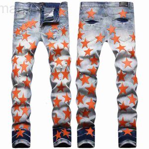 Jeans pour hommes Designer Marque de mode Automne et hiver Orange Cinq étoiles pointues Broderie Slim Fit Jeans Personnalité de la mode pour hommes Petits pieds Pantalons élastiques 7XEY