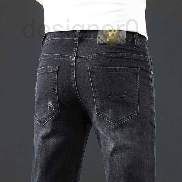 Pantalones vaqueros para hombre, pantalones vaqueros de marca de moda de diseñador, pantalones ajustados coreanos para hombre, pantalones largos de ceniza bordados gruesos ajustados 82LY