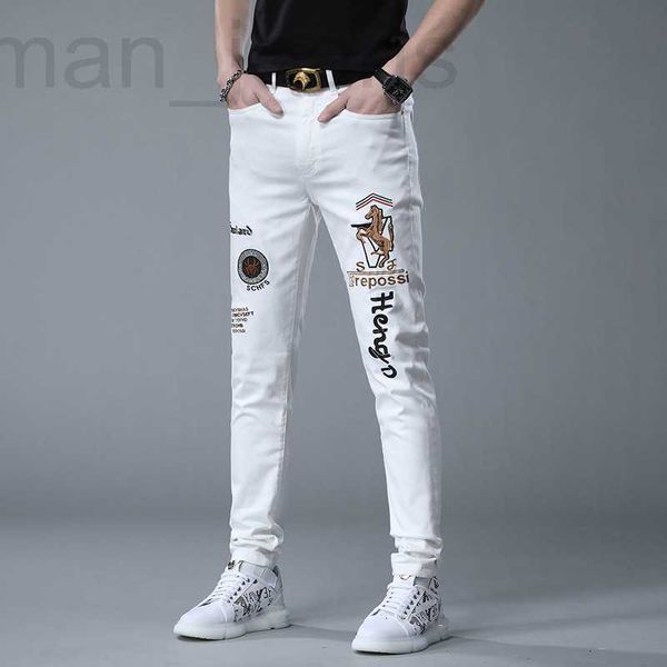 Designer de jeans pour hommes haut de gamme jeunesse européenne coupe droite mi taille haute coton élastique lavé occasionnel estampage à chaud pantalon en denim blanc pour hommes 3N7L