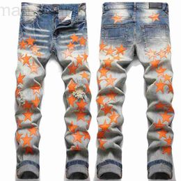 Herenjeans ontwerper High Street Nieuwe Gebroken Oranje Ster Patch Modieuze Slanke Voeten Ster Stretchy Jeans Mannelijke Mode SB4H