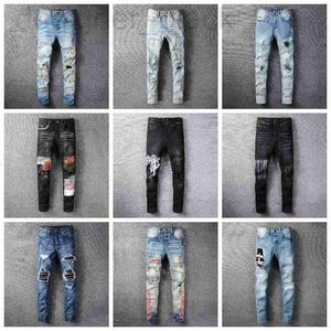 Herenjeans designer jeans 23 Designer hiphop mode ritsgat wasbroek retro gescheurde vouw stiksels heren design motorrijden coole slanke broek hemelsblauwe jeans