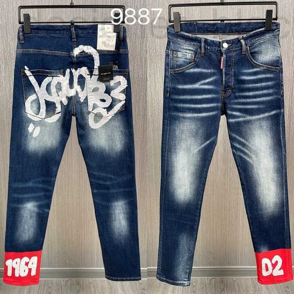 Jeans para hombres Jeans de diseñador 9887 Tipo Pantalones de mezclilla para hombres, Tinta pintada con estampado grande, Moda Blanco molido, Pierna recta pequeña, Moda YEBI