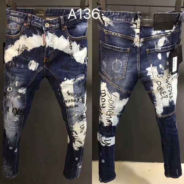 Jeans pour hommes Jeans de créateur A136 classique micro élastique travail lourd singe Manfu impression trou patch tendance homme 1R4Y