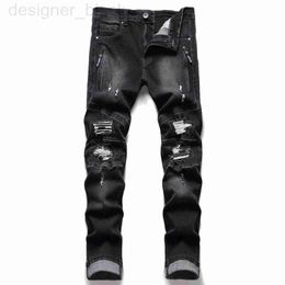 Jeans masculinos jeans de grife Preto masculino com zíper, furos de motocicleta, calça lavada OPWI