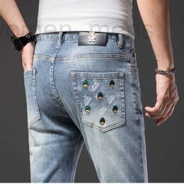 Heren jeans designer jeans geborduurde print kleine voeten slanke fit trendy Koreaanse zomer casual broek elastische VLV's