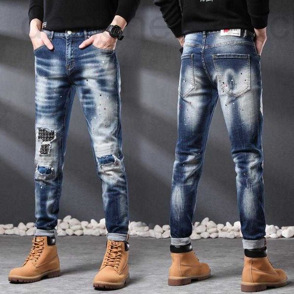 Jeans pour hommes jeans de marque pantalons de marque de mode couteau pour hommes trous coupés en métal splash encre automne nouveau slim fit petit élastique droit AMBC