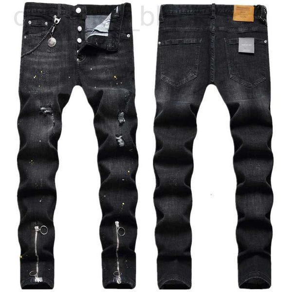 Jeans para hombres Jeans de diseñador Moda Italiana Pantalón negro Pierna Doble Pull Cremallera Pintura decorativa Colgante Elástico Hombres WB5I