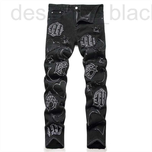 Jeans para hombres Jeans de diseñador Estilo moderno y moderno, bordado de parche negro, jeans de pierna recta holgados para hombres, 3429 JC4Y