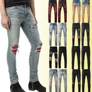 Herenjeans Designer jeans paarse jeans voor skinny motorfiets Trendy gescheurde patchwork jeans het hele jaar door jeans met smalle pijpen groothandel 2 stuks 10% korting