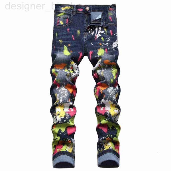 Jeans pour hommes Jeans de marque Wind Elastic Street Trendy Digital Print Coloré Bin Fen Graffiti Pantalon en denim de mode personnalisé 9Q2E