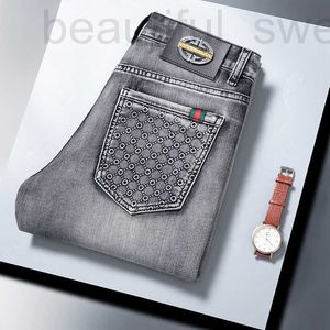 Herenjeans ontwerper Little Bee lente en herfst rookgrijs zwarte jeans elastische slanke herenbroek geborduurd N8TI