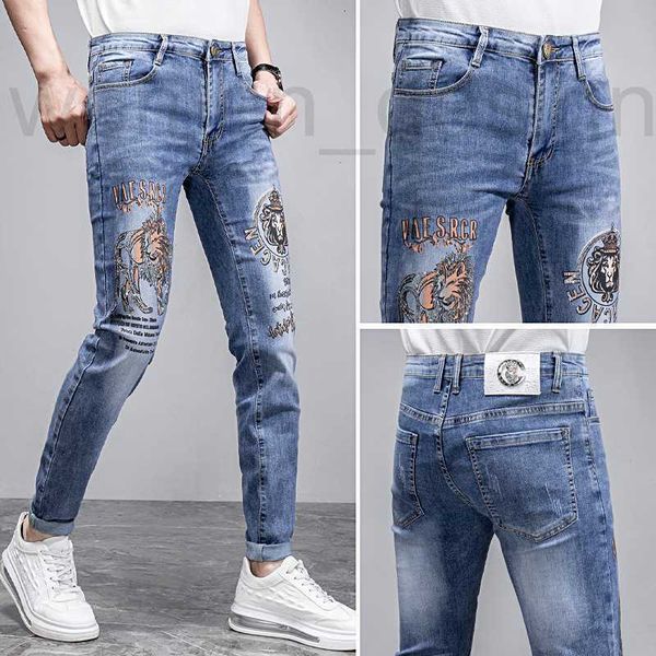 Diseñador de jeans para hombres Insignia bordada de lujo para el verano Fit Small Feet Elástico Hot Diamond Casual Pantalones largos Barco gratis Mzoe