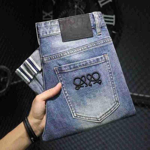 Jeans pour hommes Designer luxe luxe élastique LOE industrie lourde lettre bleu clair marque élastique pantalons pantalons tendance jeans pour hommes J0FU