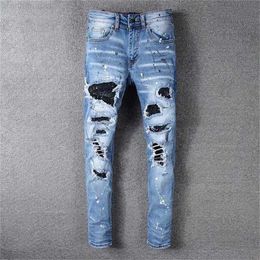 Męskie dżinsy Projektant Męskie fajny styl Luksusowa moda Haftowane naszywki Spodnie jeansowe w trudnej sytuacji Ripped Biker Czarny niebieski Mężczyźni Slim Ołówek Jean Slima7lw