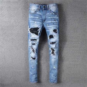 Jeans pour hommes Designer Mens Cool Style Luxury Fashion Patchs brodés Denim Pant Distressed Ripped Biker Noir Bleu Hommes Slim Pencil Jean Slima7lw