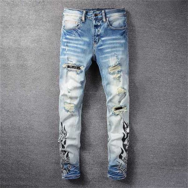 Jeans pour hommes Designer Mens Cool Style Luxury Fashion Patchs brodés Denim Pant Distressed Ripped Biker Noir Bleu Hommes Slim Pencil Jean Slimz7de