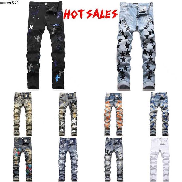 Jeans para hombres Diseñador Jeans para hombre High Street Jeans morados para hombre Pantalones bordados para mujer Oversize Ripped Patch Hole Denim Straight Fashion Streetwear Slim 831V