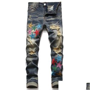 Jeans pour hommes Designer Mens Lettre Star Hoel Mode Pantalones Jean Pour Pantalon Déchiré Hip Hop High Street American Fighter Vaqueros Bla Dhx5W