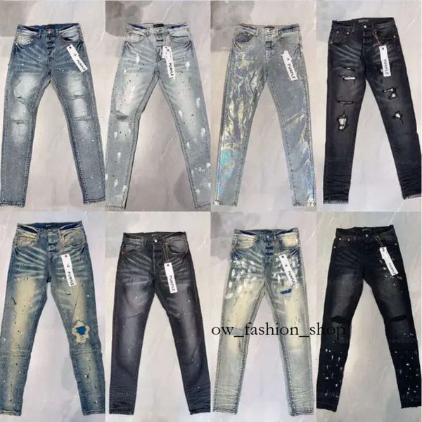 Jeans para hombres Diseñador para hombre Púrpura Rasgado Recto Regular Denim Lágrimas Lavado Viejo Largo Negro Pilas Hombres Mujeres Pantalones 131 668