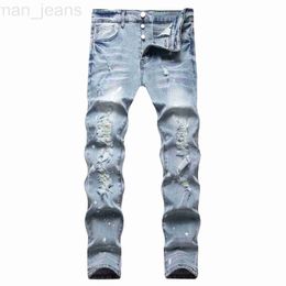 Herenjeans designer nieuwe 2023 lente trendy heren lichtgekleurde geperforeerde jeans met gevouwen slim fit elastische voeten herenbroek JS8H