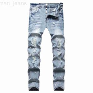 Jeans pour hommes Designer Nouveau 2023 Printemps Tendance Hommes Couleur claire Jeans perforés avec pieds élastiques pliés Slim Fit Pantalons pour hommes JS8H
