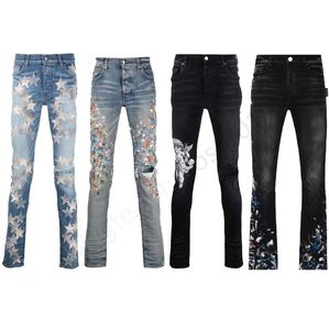 Jeans para hombres Jeans morados de diseñador para hombres jeans apilados hombres jeans rasgados de mezclilla Biker desgastado y rasgado Negro Azul hombres lápiz delgado AM Jeans Slim Fit Motocicleta Hip Hop