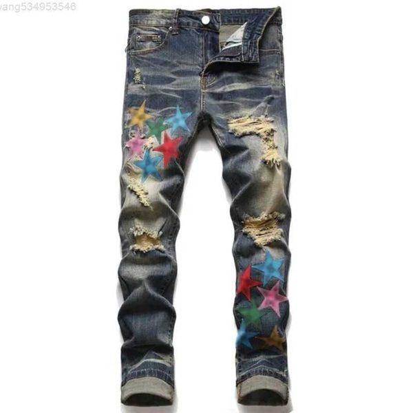 Jeans para hombres Diseñador Jeans flacos Moda de verano Pantalones de chándal Pantalones de lujo Pantalones púrpuras Casual Estrellas Patrón de gran tamaño Ripped Fashionhktl