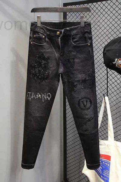 Jeans pour hommes Designer Printemps et Automne Nouvelle marque de mode pour hommes Industrie lourde Impression de diamant chaud Coupe élastique Pantalon noir polyvalent HRM5