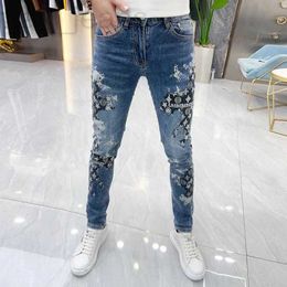 Designer de jeans pour hommes printemps et été pieds minces Slim Fit marque de mode pantalons décontractés impression élastique longue QGLT