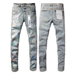 Heren jeans ontwerper stack European merk jeans heren borduurwerk quilten gescheurd voor trend merk vintage pant vouw slanke magere mode jeans paarse jeans