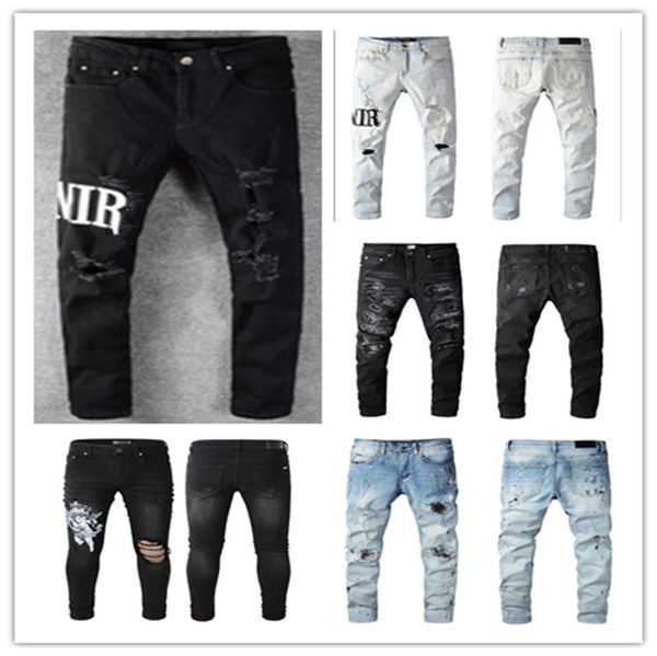 Jeans para hombres Diseñador Pantalones vaqueros elásticos ajustados y perforados para bicicletas Blanco Negro Azul Pantalones ajustados de Hip Hop para hombres 28-40 Amirs de alta calidad
