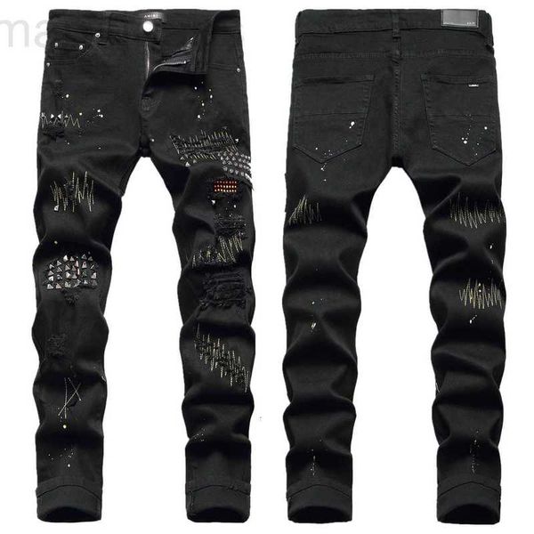 Jeans pour hommes Designer Trendy Brand Jeans Hommes Hiver Slim Fit Petits pieds élastiques Trou noir Patch Pantalon perlé V92S