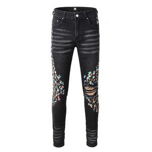 Jeans pour hommes en détresse noir Graffiti peint Style Streetwear Skinny Stretch trous impression Slim Fit High Street Ripped 230330