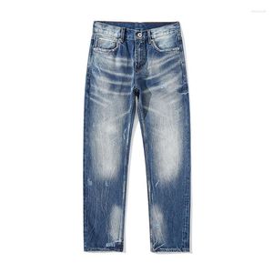 Jeans pour hommes en détresse bleu lavé selvadge japonais vintage lourd baggy jambe droite moustache peinte denim déchiré en vrac