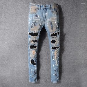 Heren jeans verontrusten high street fashion kristallen patches vernietigden gaten dunne rek gescheurd