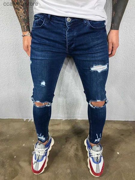 Jeans pour hommes Trous de genou en détresse Élastique Skinny Jeans Hommes Ripped Biker Denim Pantalon Solide Lavé Streetwear Noir Pantnes Hombre Joggers T240109