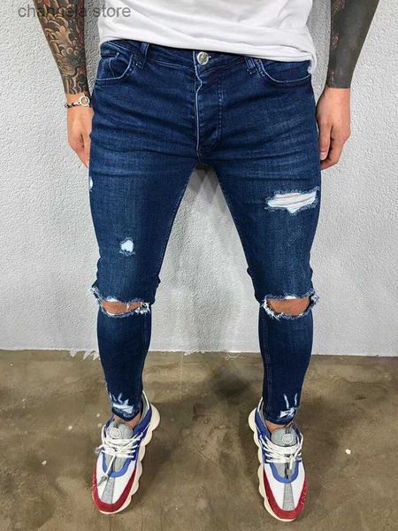 Jeans pour hommes Trous de genou en détresse Élastique Skinny Jeans Hommes Ripped Biker Denim Pantalon Solide Lavé Streetwear Noir Pantnes Hombre Joggers T240227