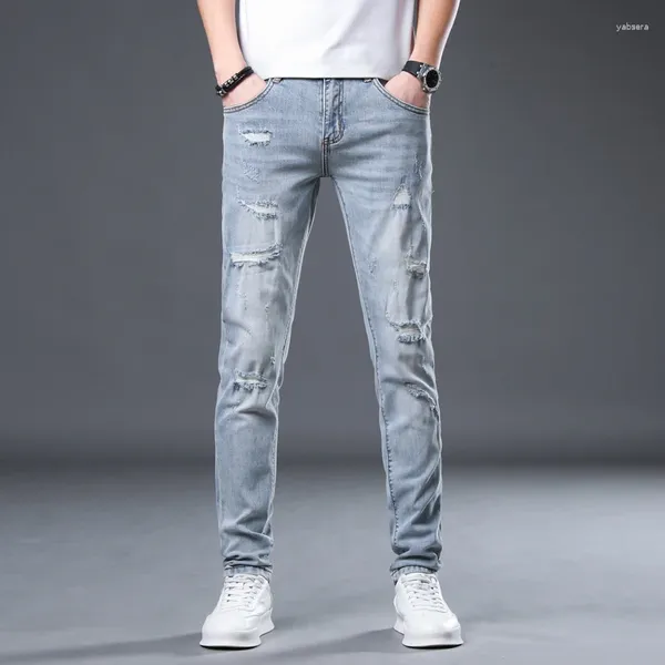 Jeans pour hommes en détresse hommes Slim Skinny Fit bleu clair Stretch Denim pantalon Streetwear patché Hip Hop déchiré pantalon haut