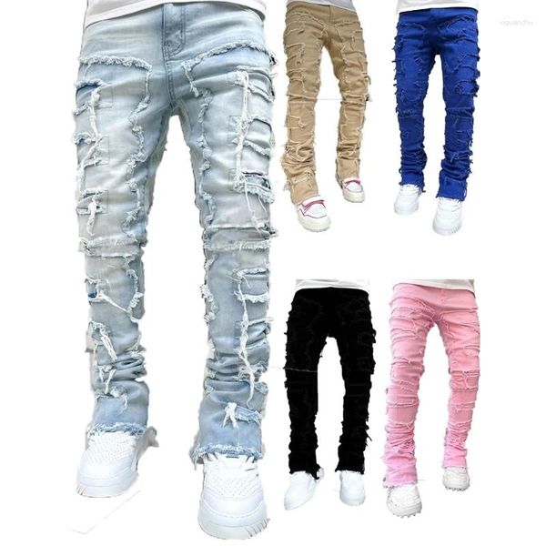 Jean pour hommes patchs déchirés en détresse coupe droite pantalon en Denim élastique Hiphop pantalon en Jean extensible cadeaux