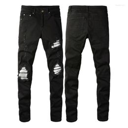 Jeans pour hommes en détresse Streetwear Stretch Skinny pantalon strass Patchwork trous détruits High Street Slim ajusté