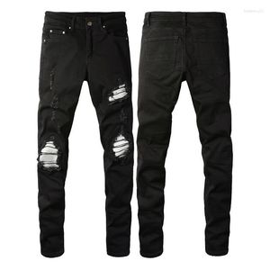 Jeans para hombres Ropa de calle desgastada Pantalones ajustados elásticos Rhinestones Patchwork Agujeros destruidos High Street Slim Fitted