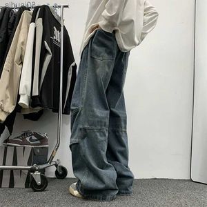 Jeans pour hommes Jeans à jambes larges vintage en détresse patchs hip-hop pour hommes denim hommes coupe ample décontracté vêtements de rue japonais glisser et déposer pantalonL2403