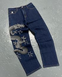 Jeans voor heren drakenpatroon bedrukte jeans heren 2023 Amerikaanse straattrend hiphop losse jeans mode alle match vintage wijde pijpen broek 230828